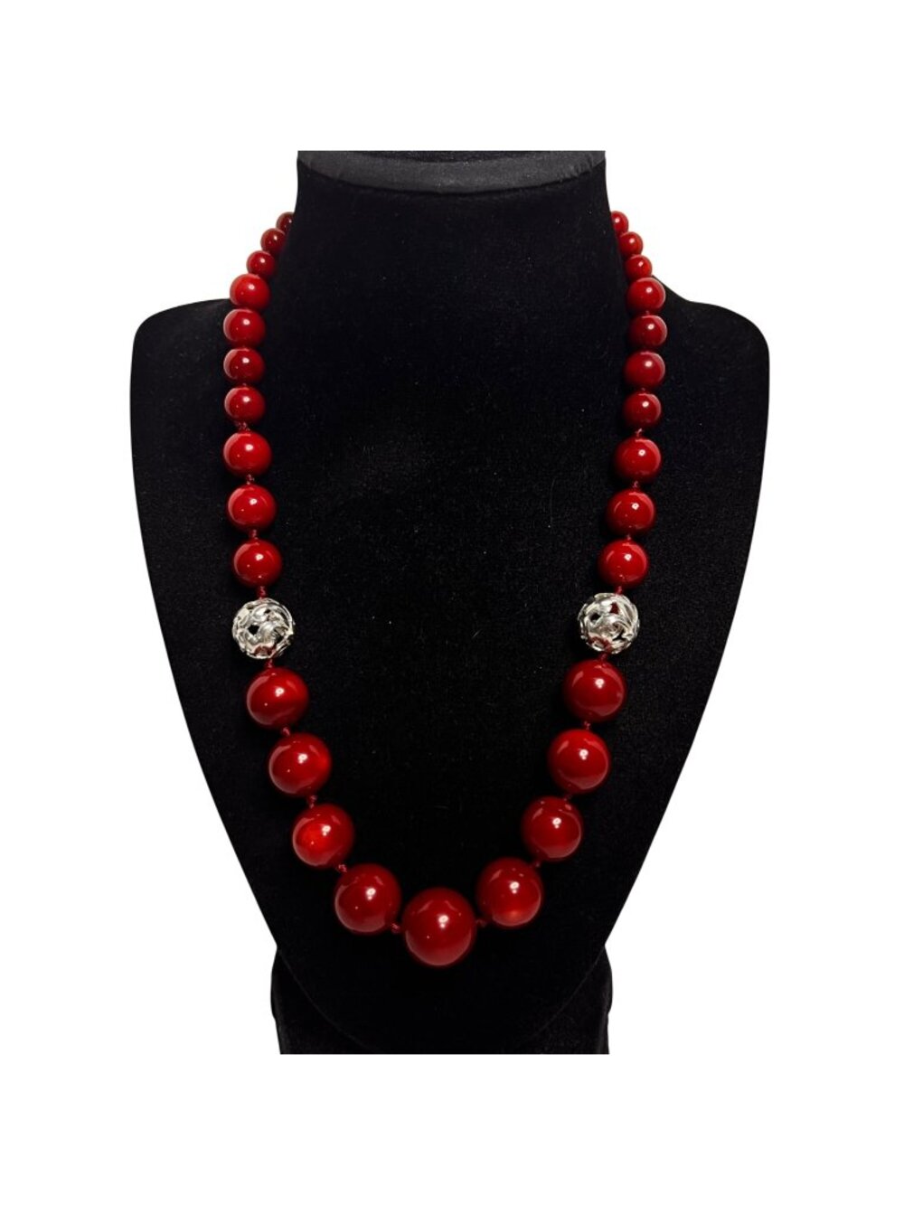 Graduated Coral Statement Necklace With Sterling Silver Accents (6316)